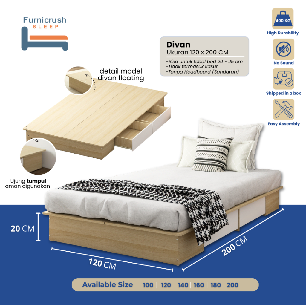 Furnicrush Sleep Dipan Kasur 120 X 200 / Ranjang Tempat Tidur / Divan 120 / Dipan Laci / Divan Doubl