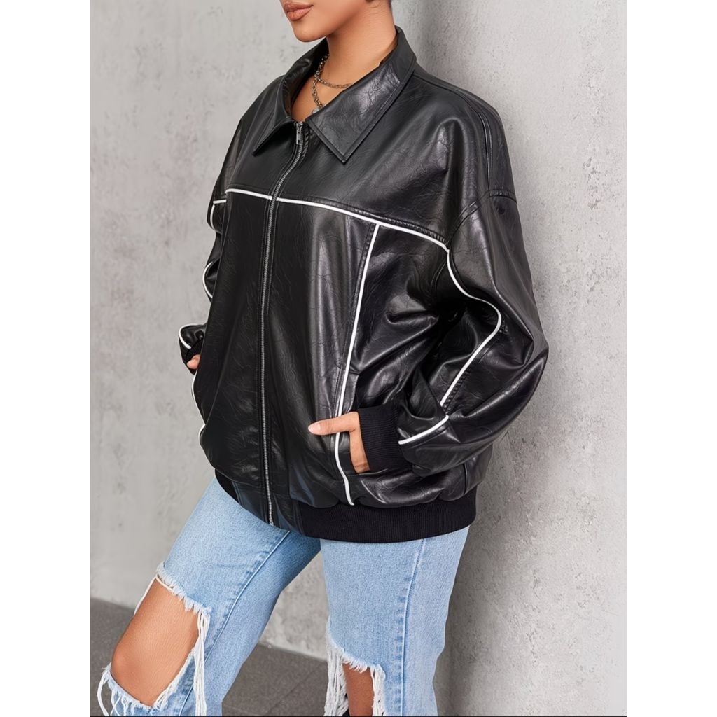 Jaket kulit oversize casual wanita,jaket kulit wanita panjang