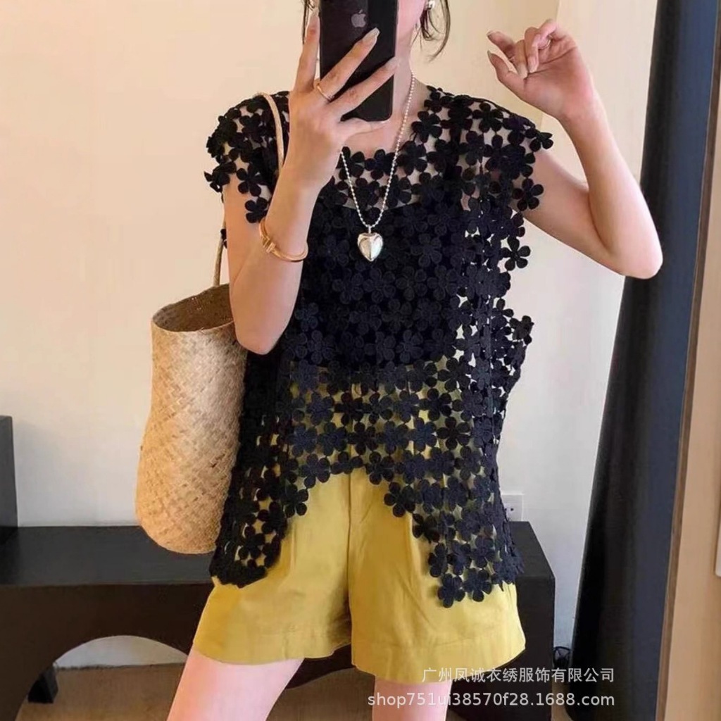 Blouse Lace Bunga Wanita Korean Style Tanpa Lengan Import | Outer Brokat Hitam Elegant Fashion Cewek