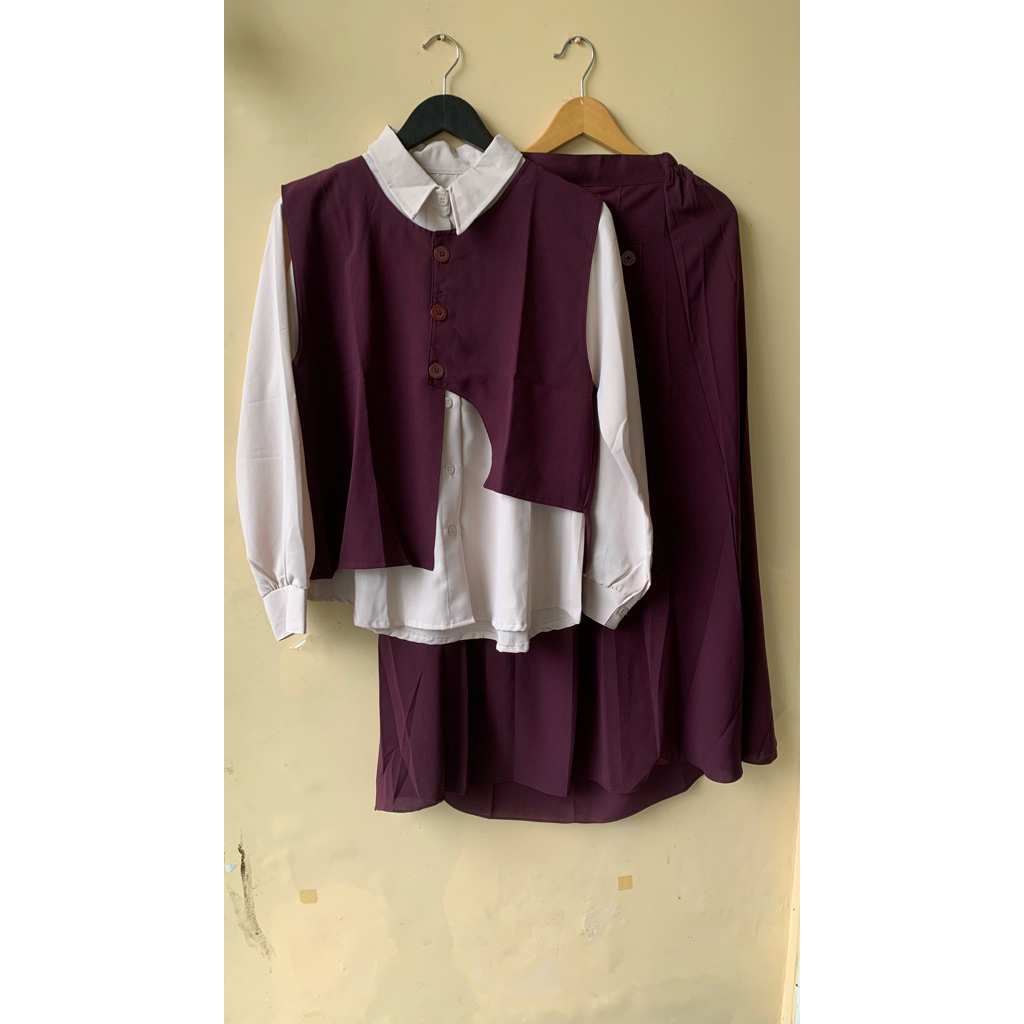 Set 3in1 Kemeja Rok dan Vest wanita Setelan Wanita