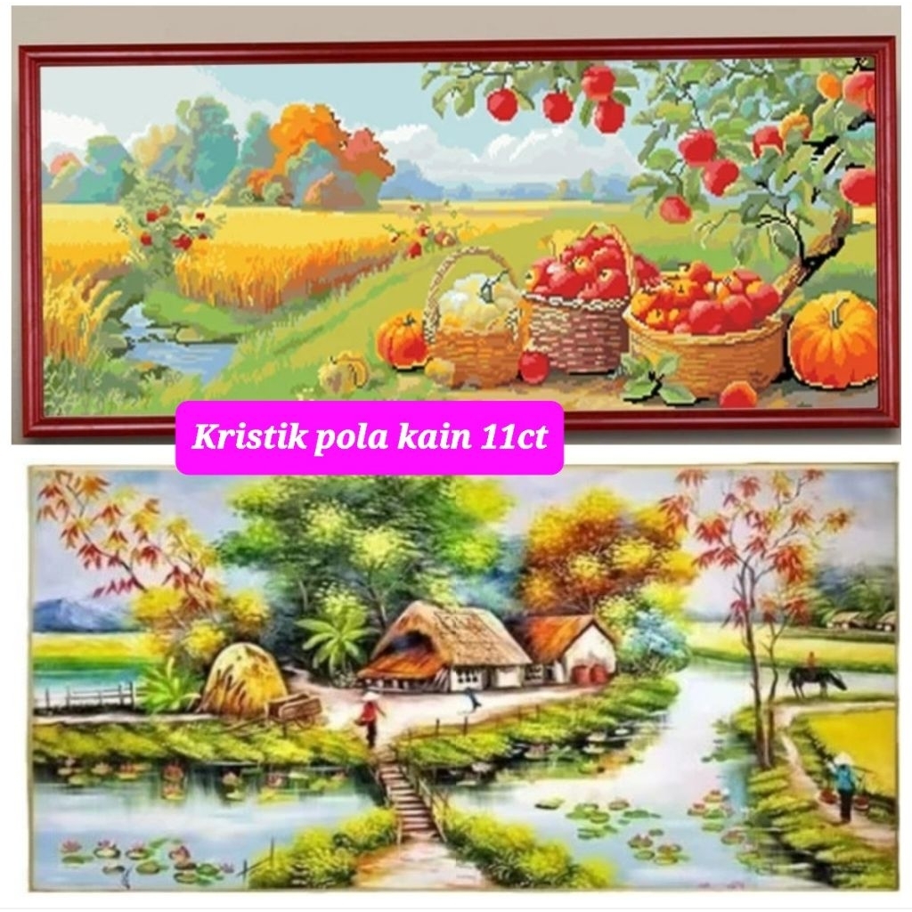 PAKET KRISTIK PANEN PADI BUAH SAYUR PETANI PEDESAAN POLA KAIN CROSS STITCH 11CT SULAM SILANG
