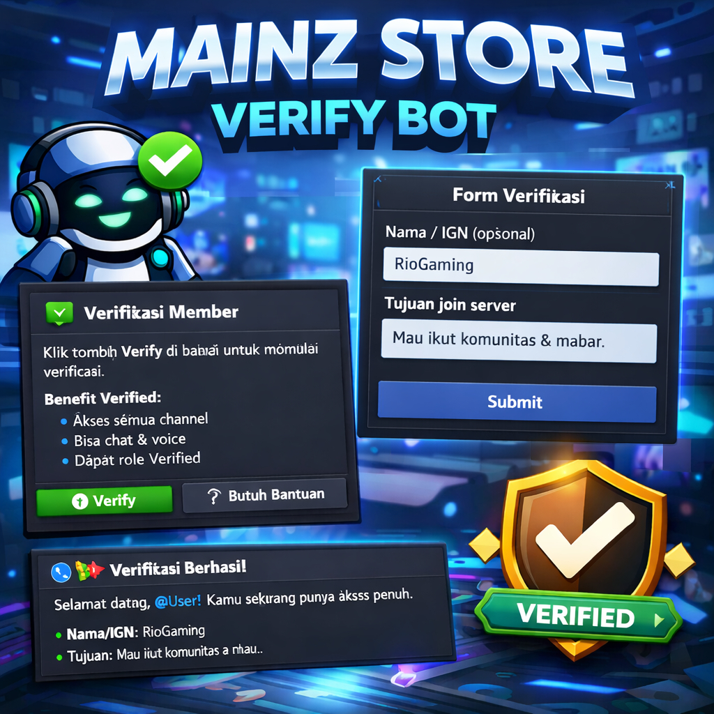 Bot Discord Verifikasi Mainz Store Tampilan Keren Embed Button Modal Auto Role Verified discord.js v