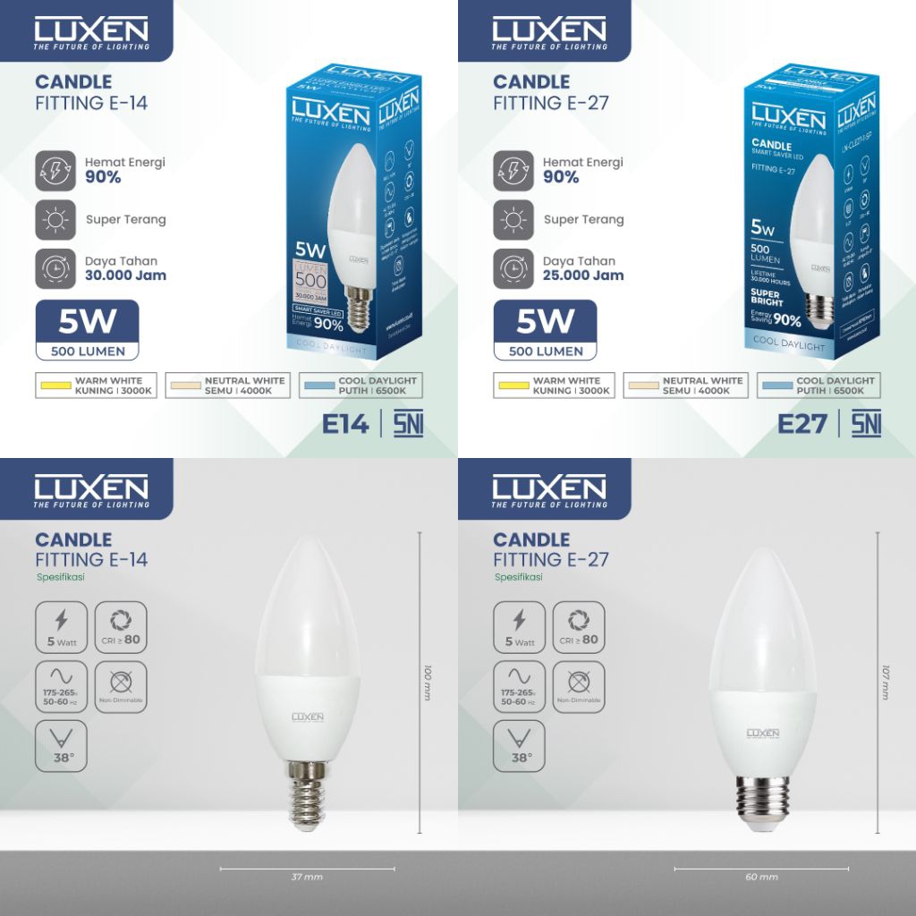 LUXEN LAMPU BOHLAM LED CANDLE 5W E14 / E27 PUTIH / WARM WHITE 3000K / NATURAL 4000K 5 WATT