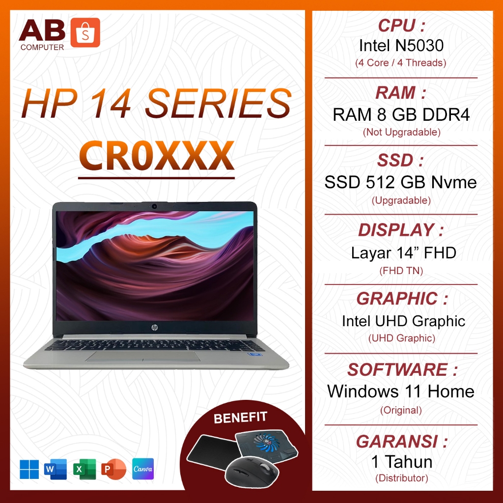 HP 14 SERIES CR0XXX/INTEL N5030/RAM 8 GB/SSD 512 GB/14 INCH/WINDOWS 11 HOME