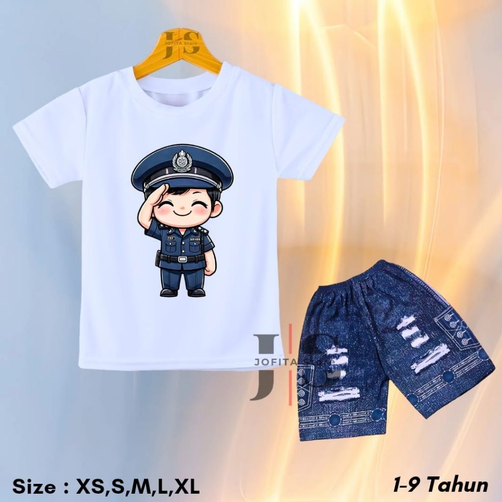 setelan anak motif polisi celana sobek/setelan anak polisi/setelan anime