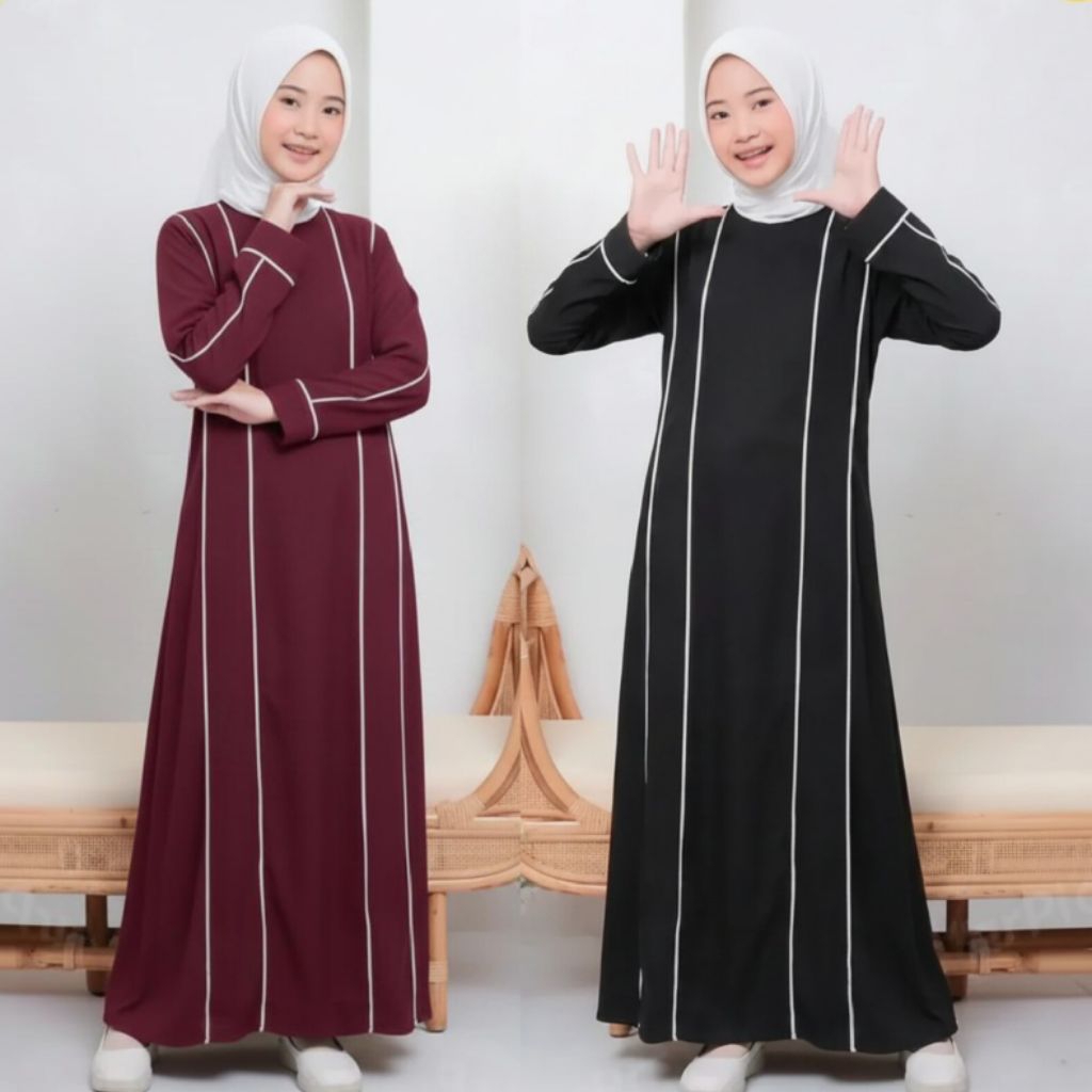 Gamis Abaya Anak Perempuan Terbaru Usia 6 - 16 Tahun Bahan Crinkle Motif Garis Garis Putih