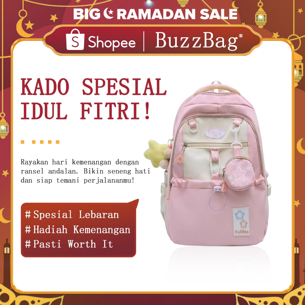 BUZZBAG - Tas Sekolah ins Wanita lucu Tas Ransel Serut Siswa Perempuan volume tinggi tas Bahu Kapasi