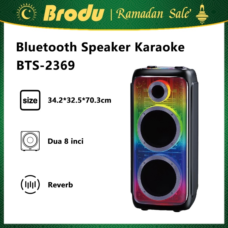 Speaker Karaoke Brodu BTS-2369 8x2 Inch Mic & LED Warna-Warni - Speaker Party Portable Baterai Tahan
