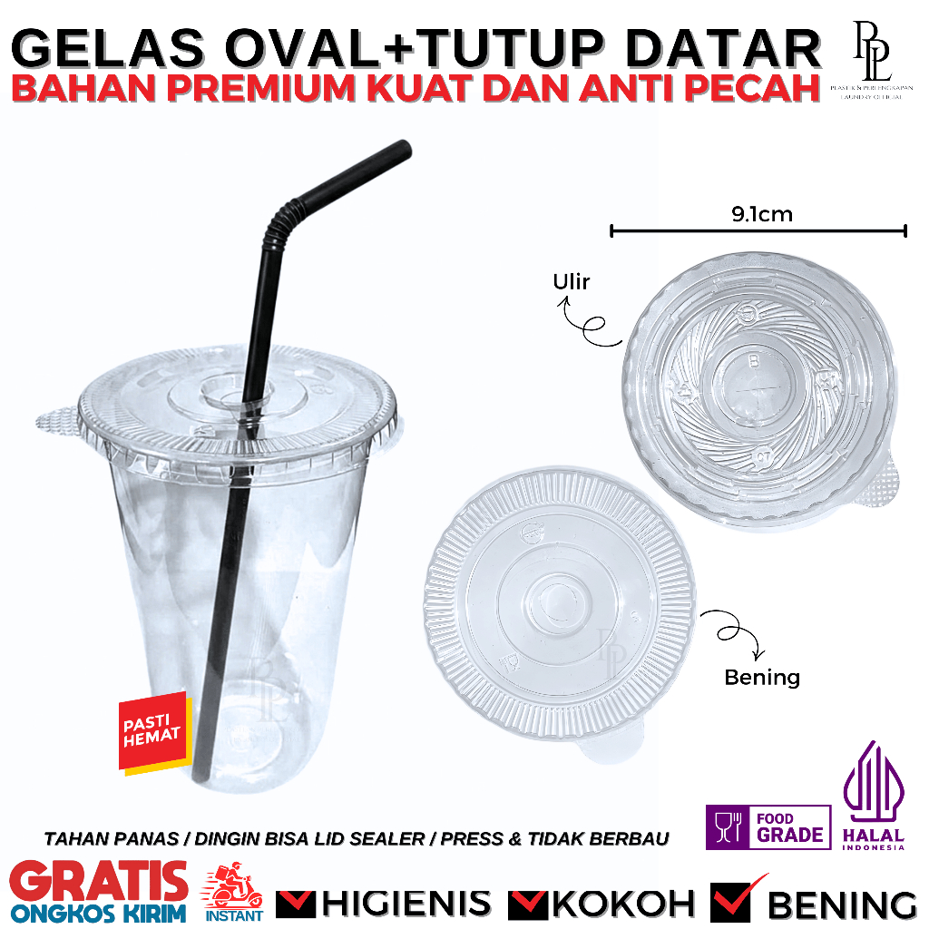 (50PCS) Gelas Plastik PP OVAL Plus Tutup Gelas Datar Bening & Ulir | Cup Oval + Tutup Lid Anti Tumpa