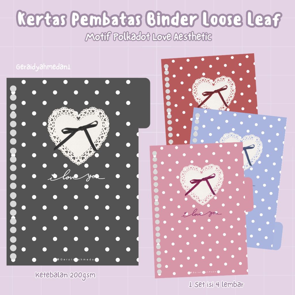 Kertas Pembatas Binder Loose Leaf A6 A5 B5 Motif Polkadot Love Aesthetic