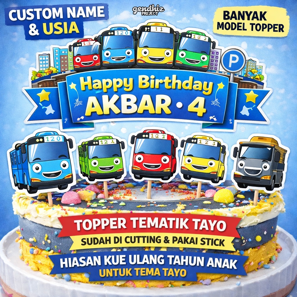 Topper Kue Tayo Custom Nama + Umur | Hiasan Kue Ulang Tahun Anak Tayo