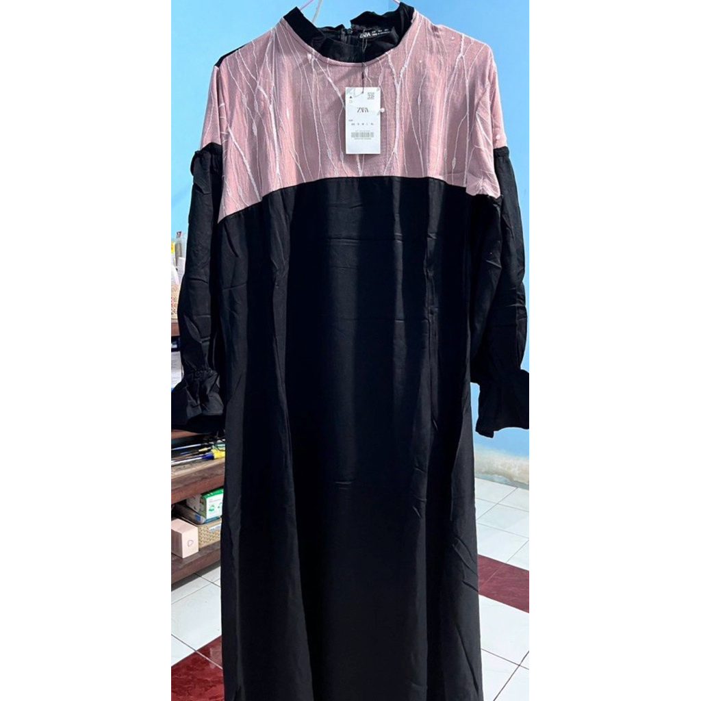 dress gamis zara renda hitam pink blink