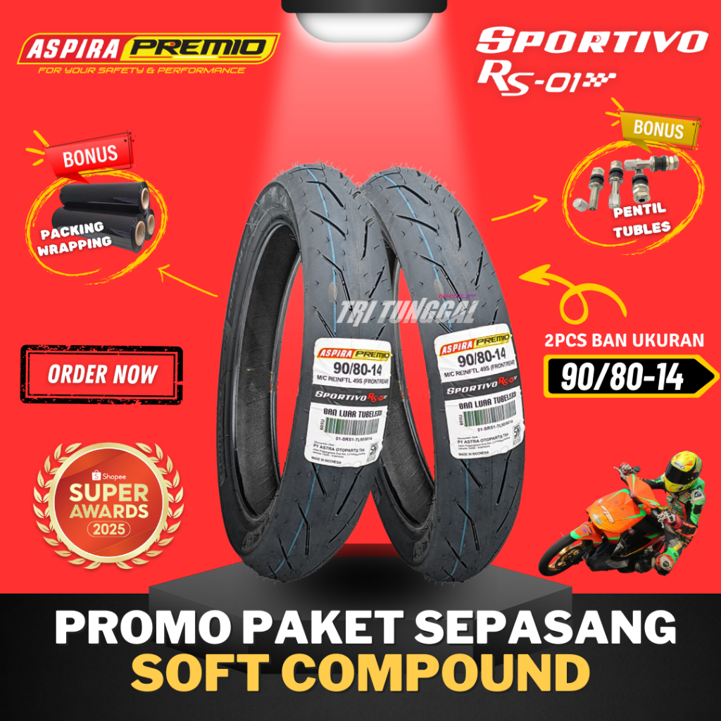 [PAKET MURAH SEPASANG] BAN ASPIRA PREMIO SPORTIVO RS01 RING 14  TUBELESS SOFT COMPOUND ( 90/80-14 ) 