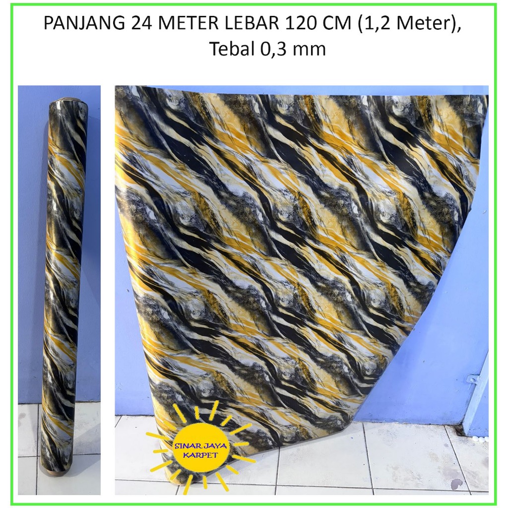Karpet Lantai Plastik Vinyl 1 ROLL Panjang 24 Meter Lebar 1.2m MOTIF MARBLE HITAM (SESUAI GAMBAR)