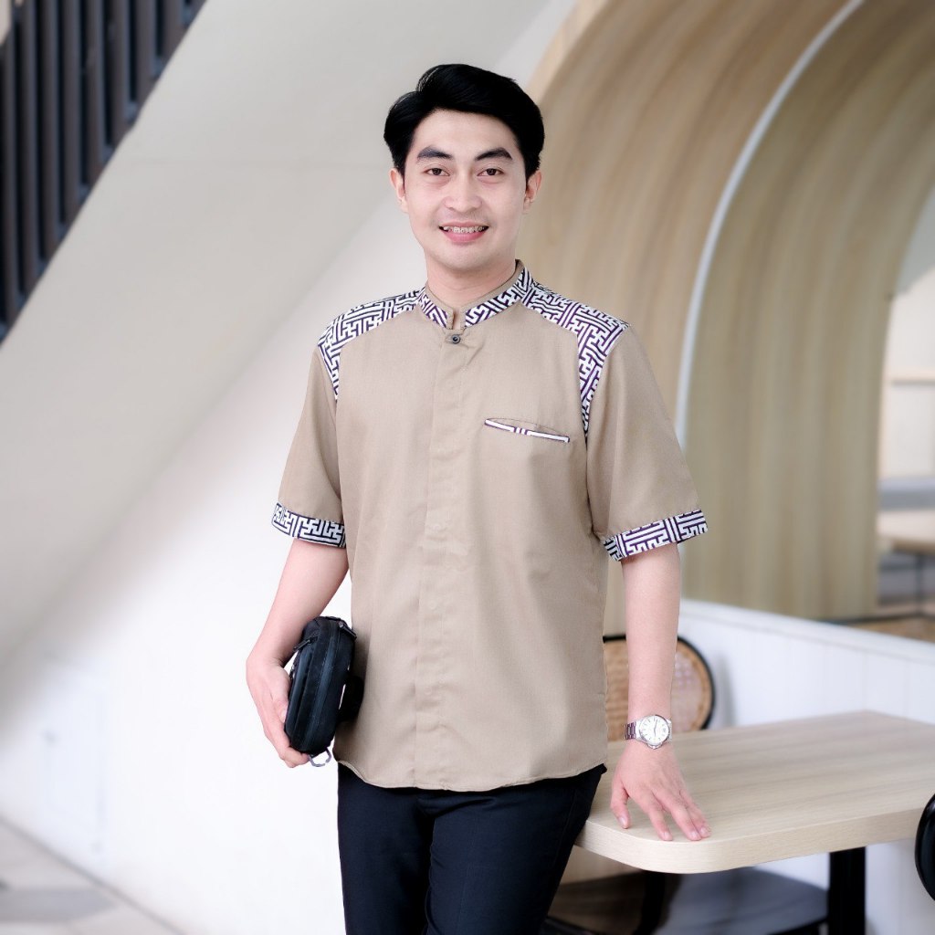 Baju Koko Pria Lengan Pendek Original Elrumi Motif Araseo kombinasi Batik Katun Toyobo Premium