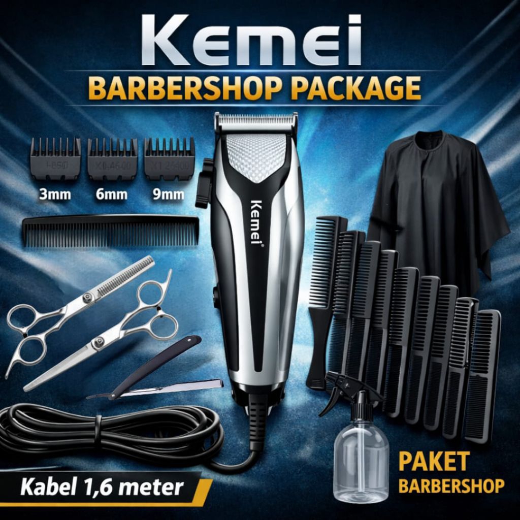 KEMEI Mesin Cukur Rambut Listrik Barbershop profesional Lengkap Gunting Stainless