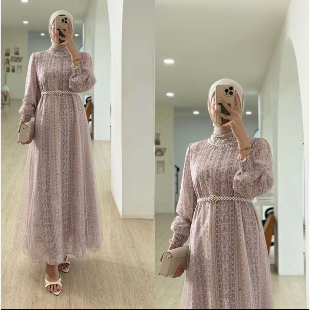 Tiara Dress Tile Glitter Aksen Payet Bagian Leher II gamis ceruty lebaran