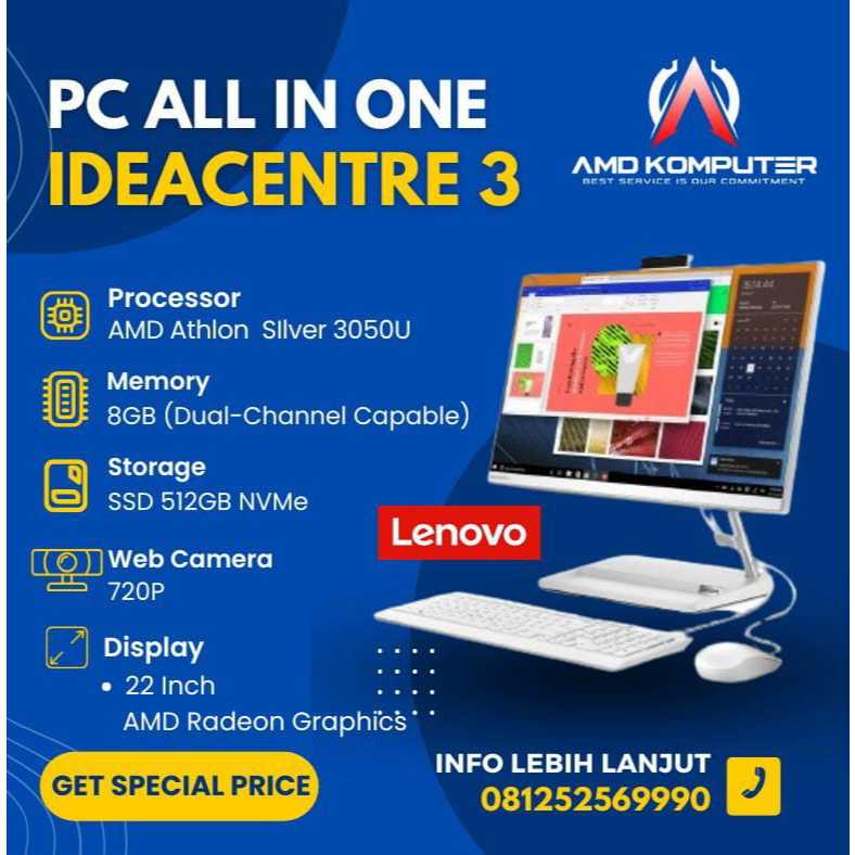 PC All In One PC AIO LENOVO IDEACENTRE 3 #NEW AMD Athlon Silver 3050U/8GB/512GB/Screen Size 22" FHD
