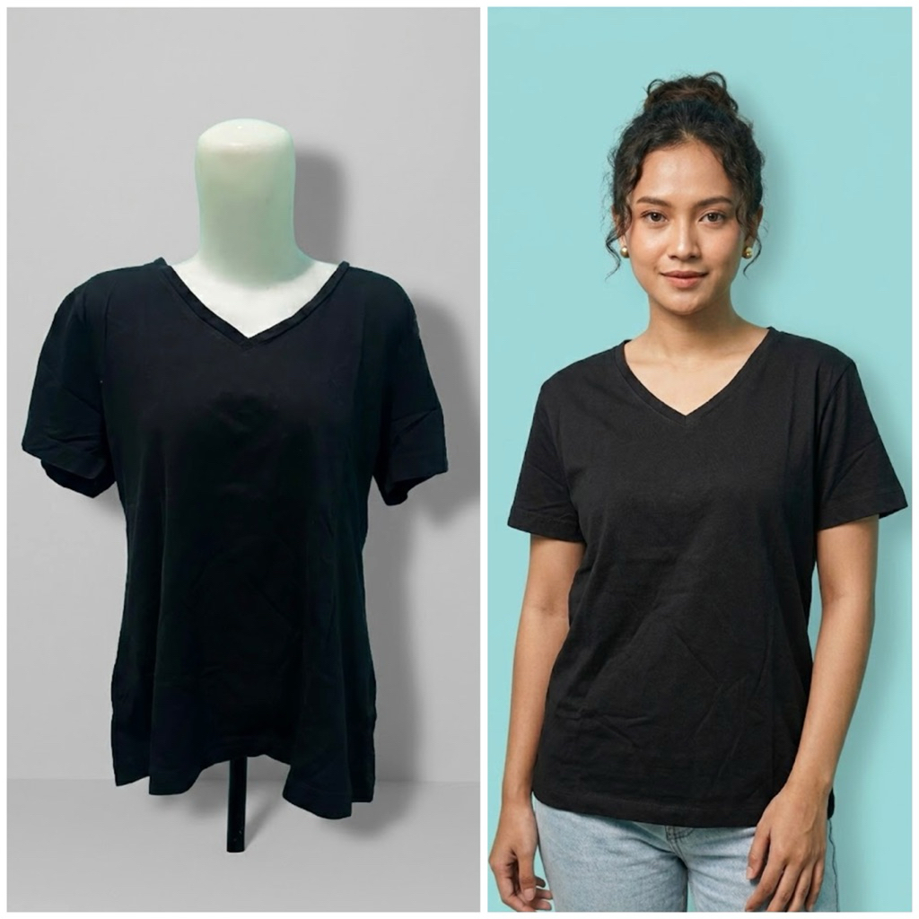 Kaos V-Neck Hitam Polos Wanita - T-Shirt Basic Katun Adem & Nyaman