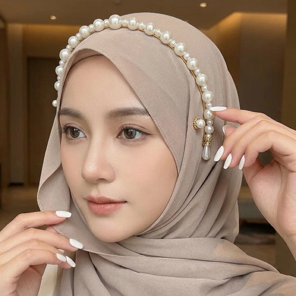 Bando Hijab | Aksesoris Hijab | Pearl Headband Korean Style Bandana Mutiara Aesthetic Elegan Bandana
