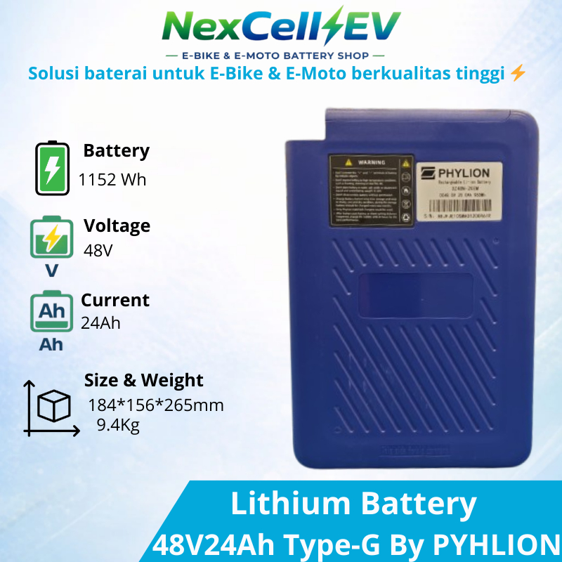 Baterai Sepeda Listrik Lithium By PHYLION 48V-24Ah Type G Standing. Garansi Full Replacement 2 Tahun