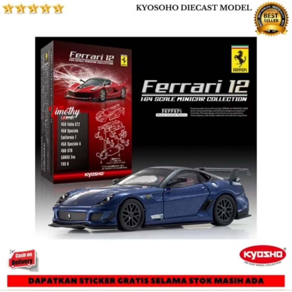 Kyosho ferrari 599xx evo secret blue metallic edisi ferrari seri 12 1/64 scale minicar collection