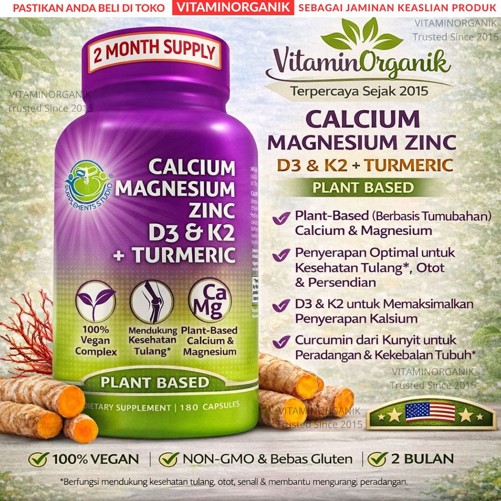 Original Calcium (Kalsium) PLANT BASED + Magnesium + Zinc + D3 K2 + Turmeric 90 / 180 Capsules
