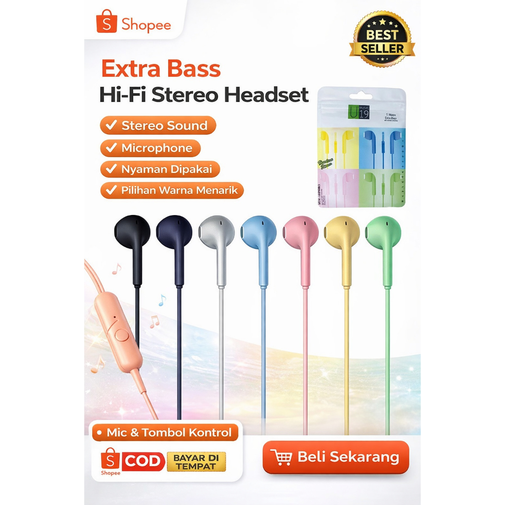 Headset Kabel Macaron U19 Extra Bass HiFi Stereo Earphone 3.5mm Dengan Mic