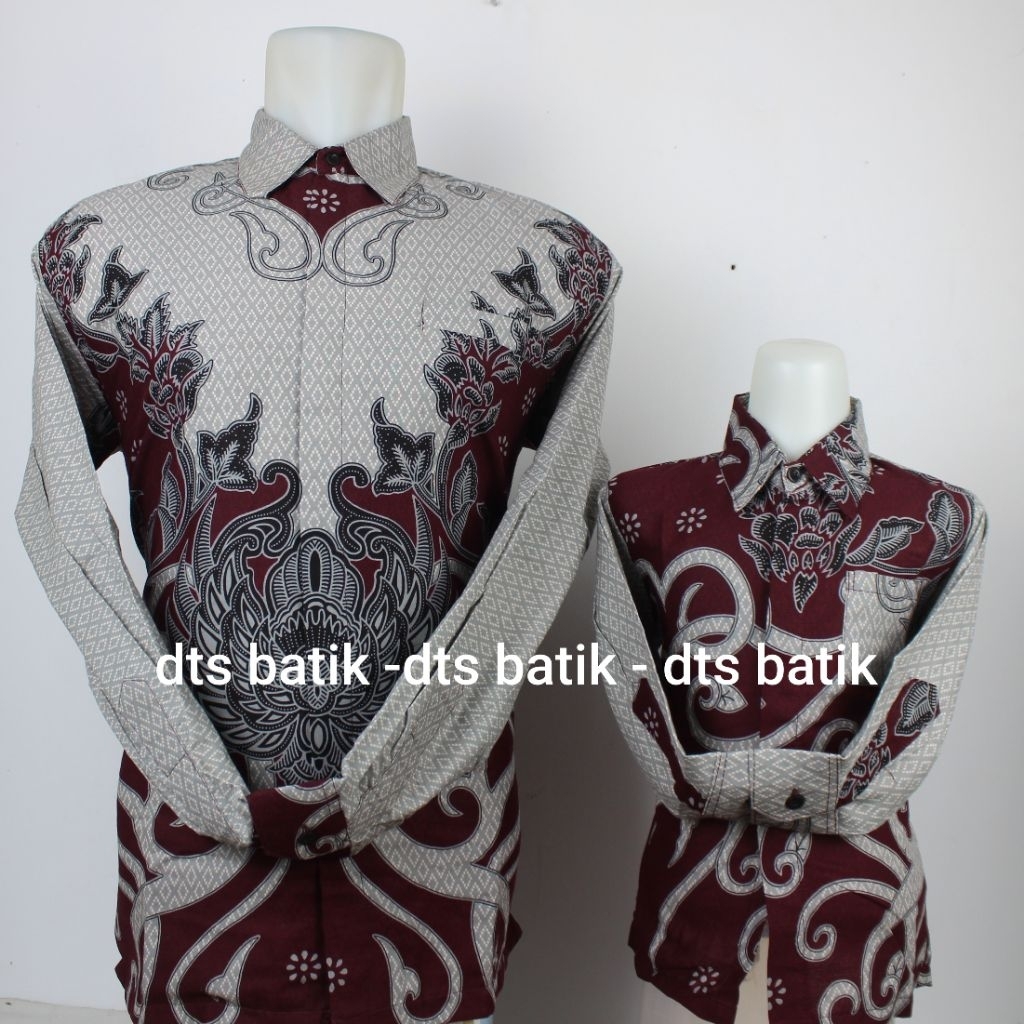 Batik Couple Ayah Anak Katun Premium Warna Abu abu kombinasi Marun