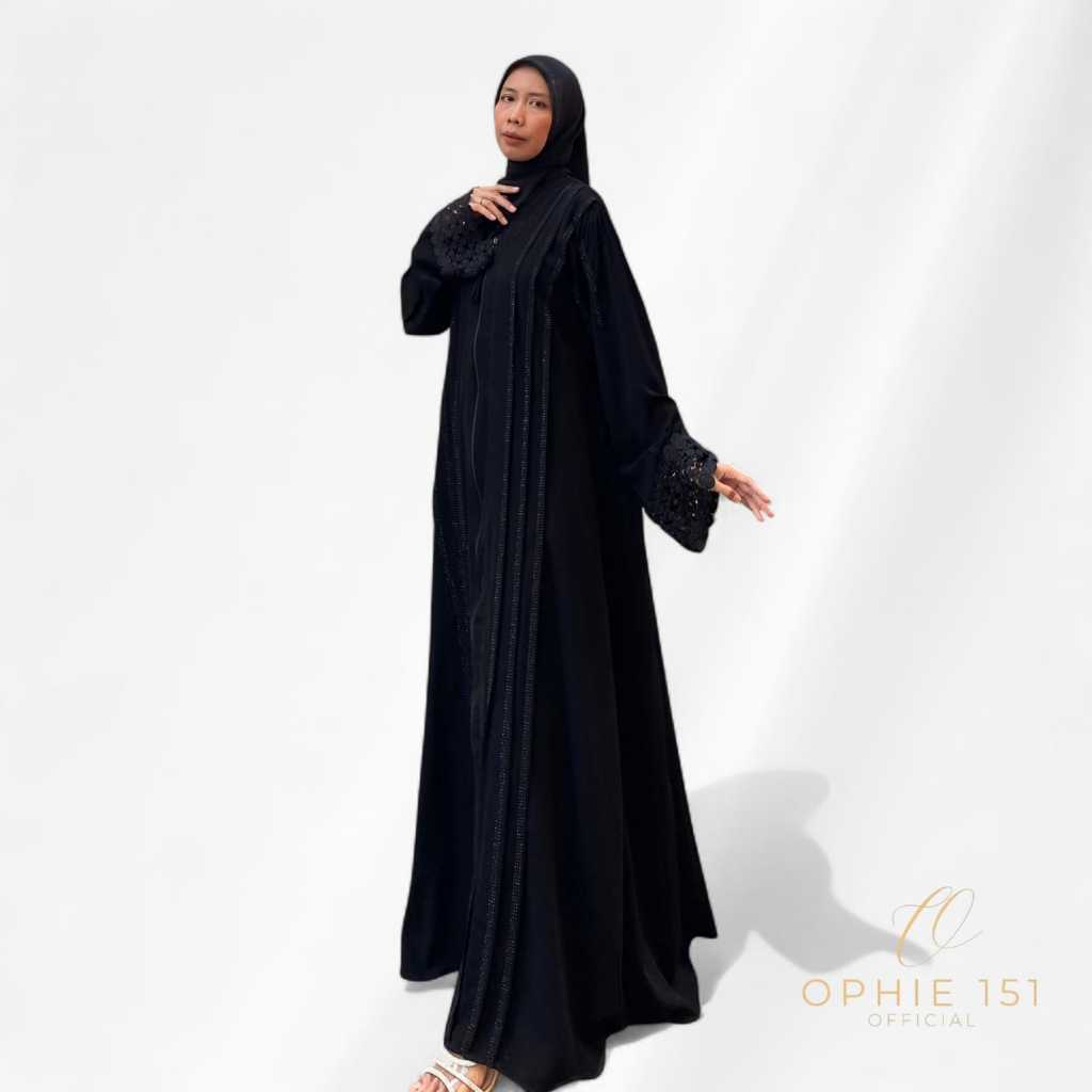 Ophie151 - Gamis Hitam Nawira Payet Zipper Swaroski