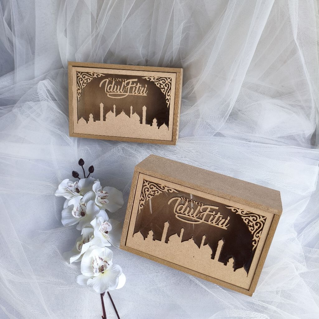(PRODUSEN)KHUSUD CUSTOM UKURAN BOX HAMPERS LEBARAN, BOX HAMPERS AKRILIK LASER, BOX HAMPERS