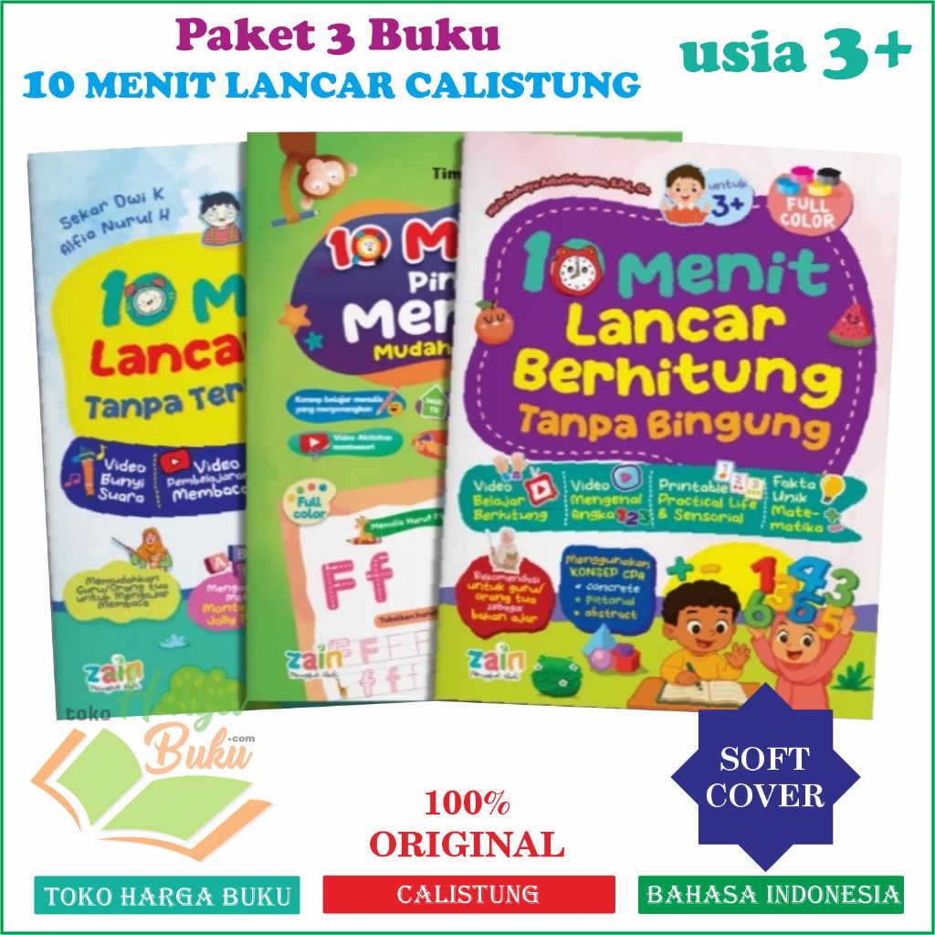 Paket 10 Menit Pintar Calistung Dapat 3 Buku Belajar Membaca Menulis Menghitung Usia 3+ FULL COLOR Aqwam - ZAIN
