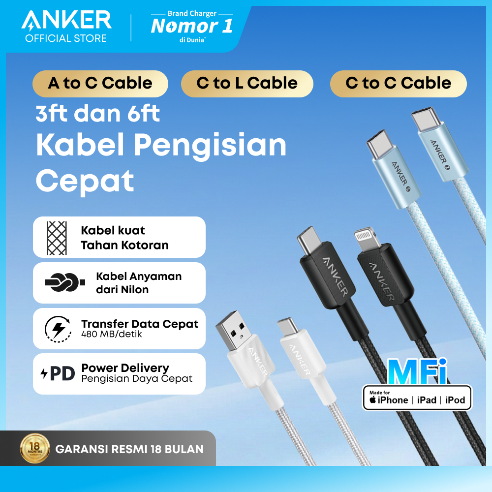 Anker Fast Charging Kabel Charger MFi iPhone X 11 12 13 14 15 16 PD Type C to C USB A and Lightning 
