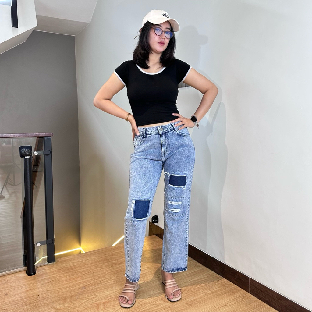 Damanda Ripped Boyfriend || HIGHWAIST || JEANS JUMBO || JEANS BIGSIZE || CELANA JEANS JUMBO WANITA |