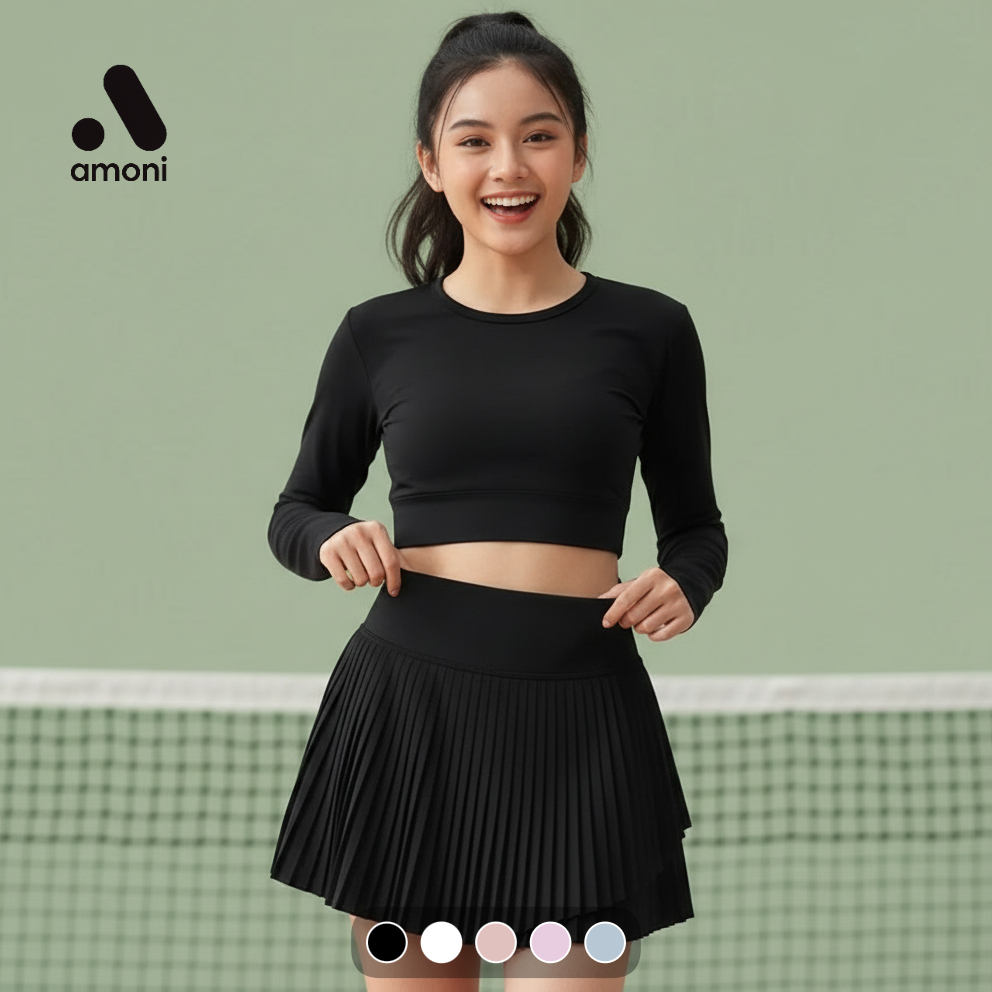 Okah Rok Padel Wanita Lipit Asimetris Trendy Sporty Korea Style High Waist Nyaman Olahraga Tenis Gol
