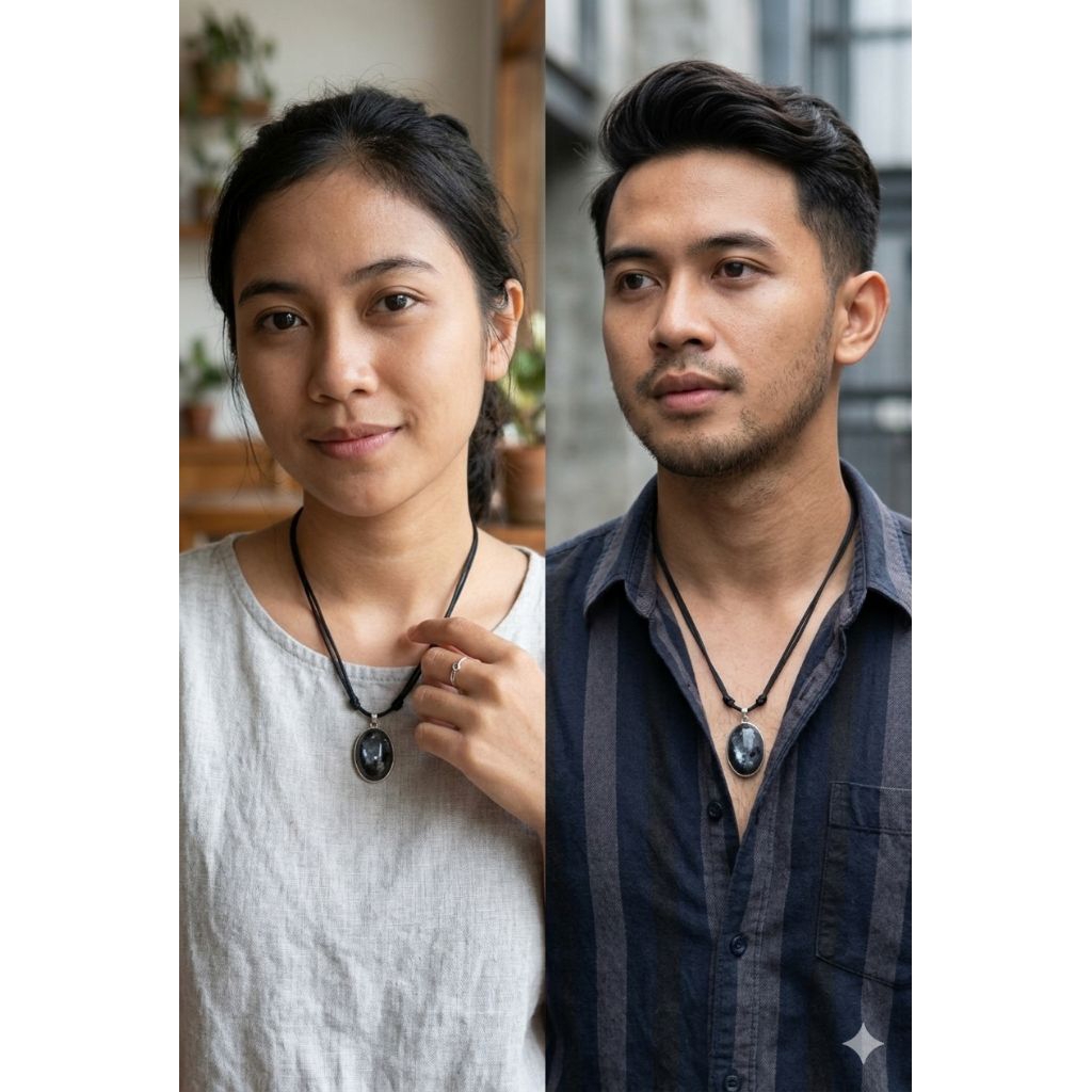 kalung liontin batu labradorite tali hitam adjusttable