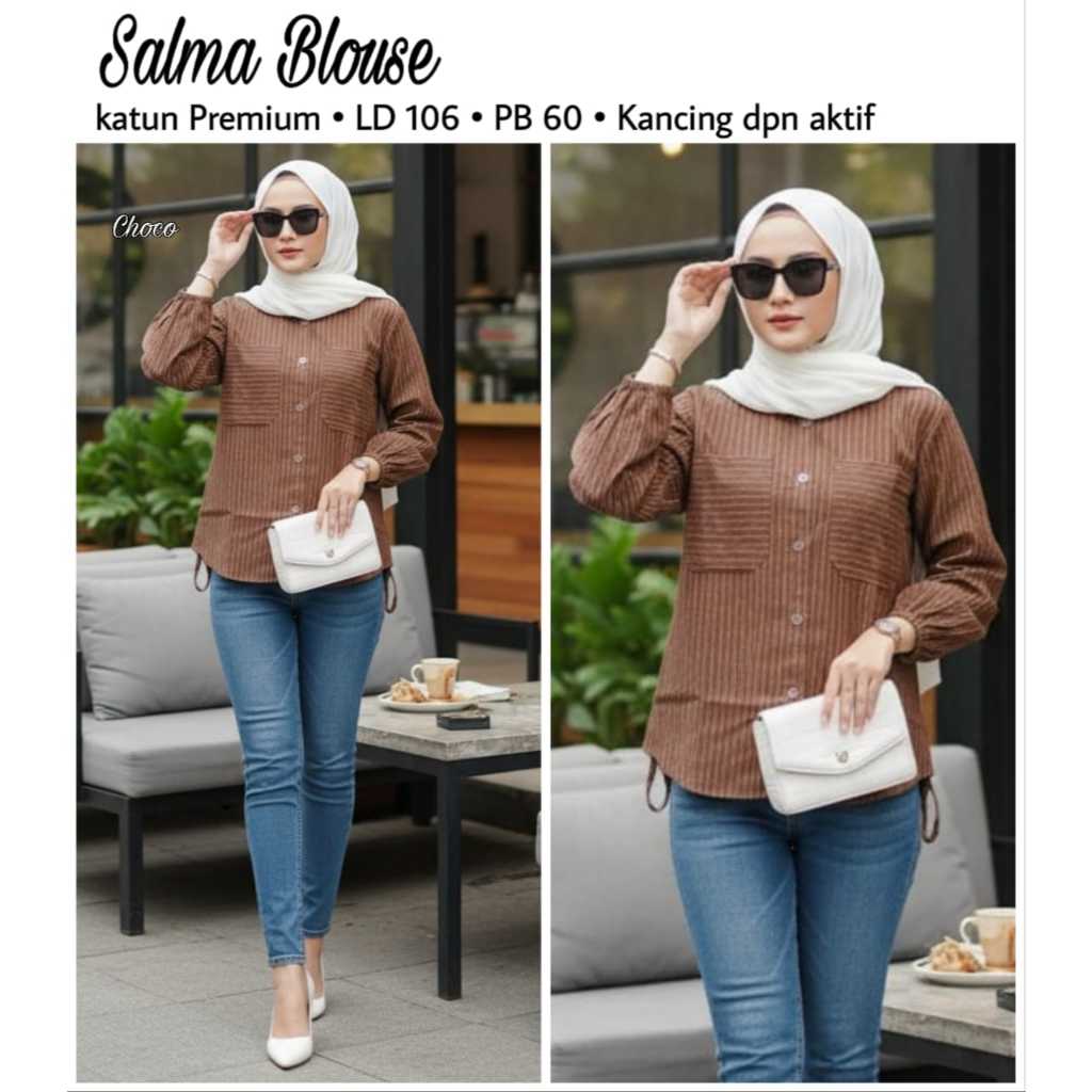 SALMA BLOUSE ATASAN KEMEJA WANITA SALUR BASIC MOTIF GARIS GARIS KEMEJA WANITA PREMIUM