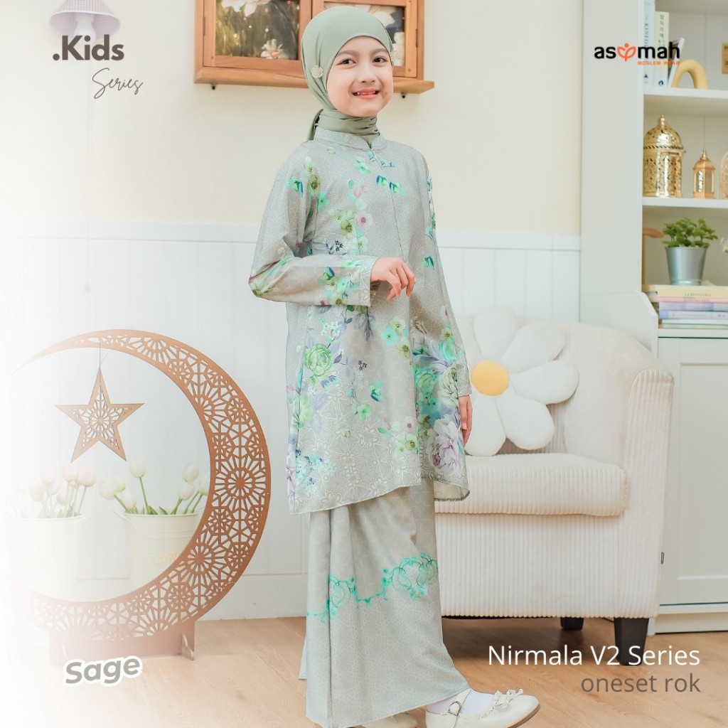 ASYMAH - Nirmala V2 Sage Baju Kurung Anak Motif Bunga Mewah Setelan Rok Panjang Anak Perempuan Style