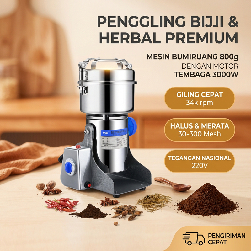 Mesin Giling Tepung 800g 3000W Motor Tembaga 34000RPM Penghalus Biji Herbal Kacang Kerajang Cepat An