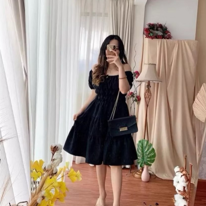 Dress Wanita Korea Elegan /Dress Lengan Pendek / Dress Formal Kekinian- Hitam, Putih,maroon,kubus