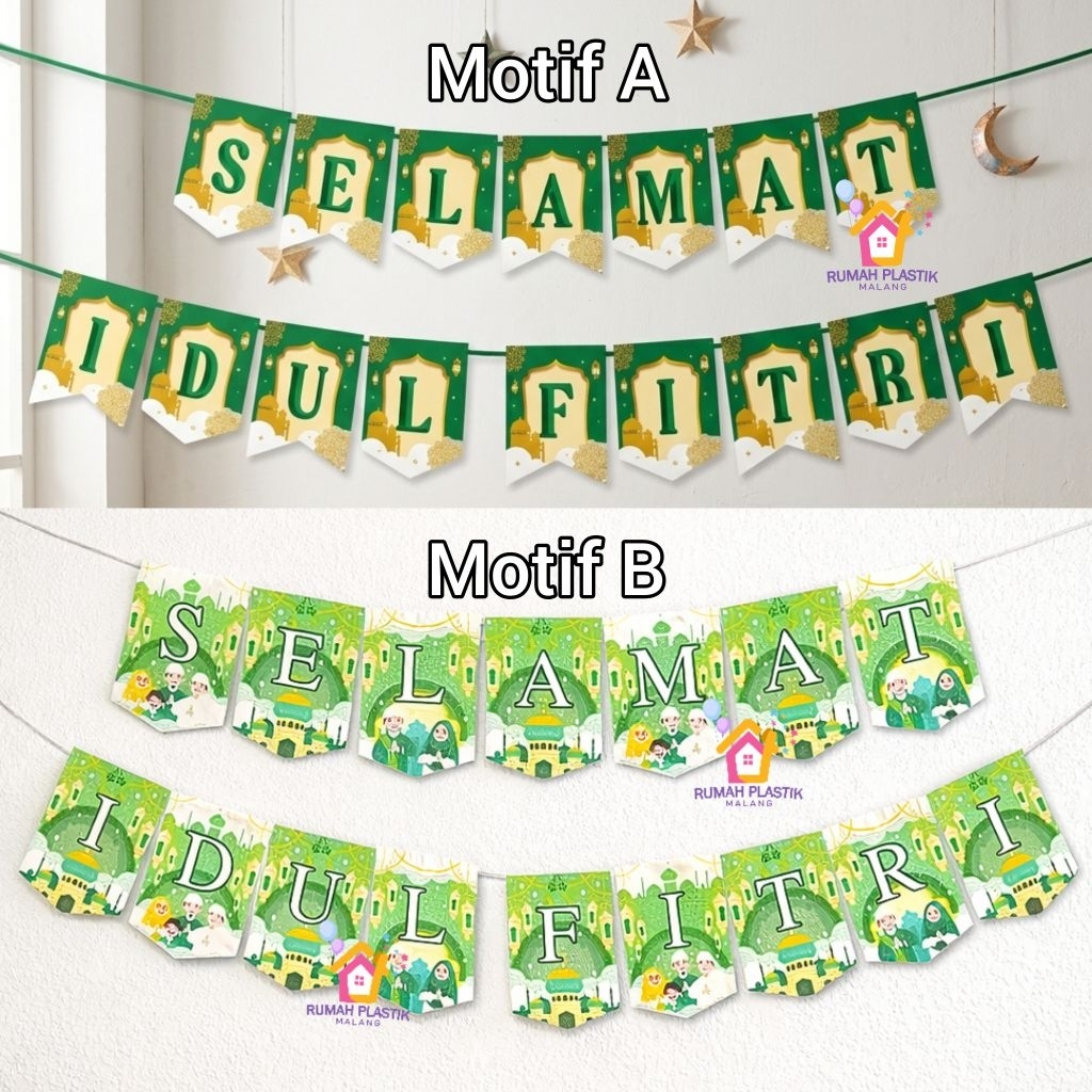FLAG BANNER SELAMAT IDUL FITRI GAMBAR CARTOON masjid keluarga hijau green kertas gantung hiasan eid 