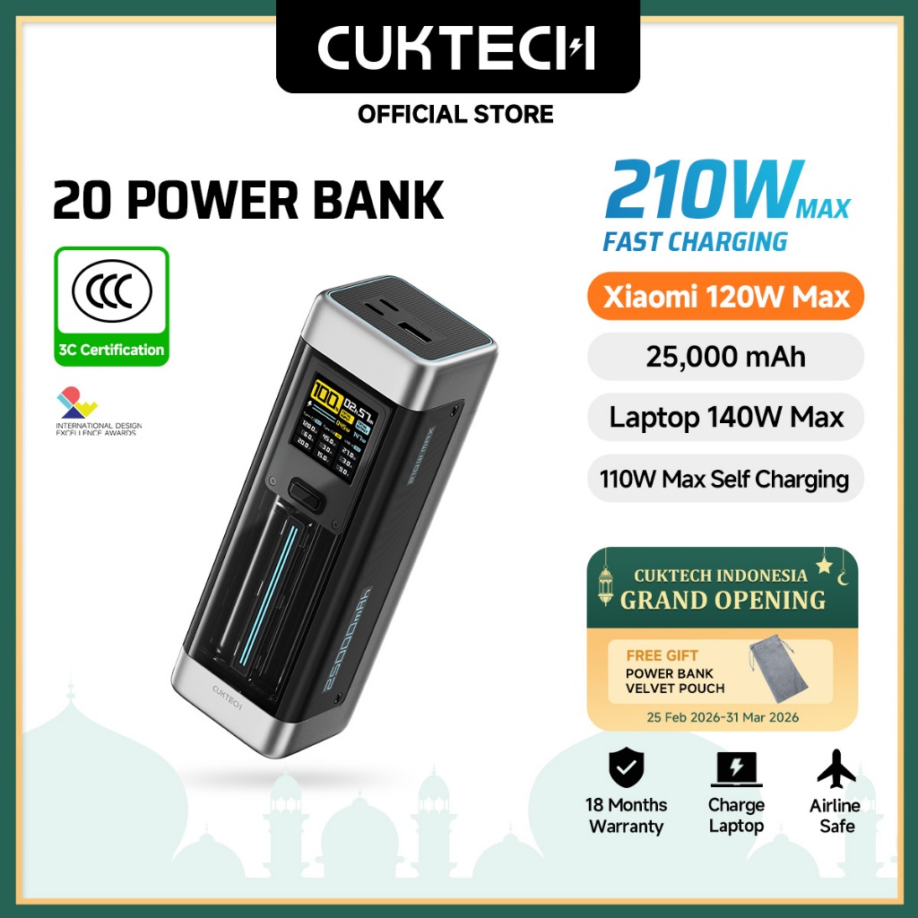 [Promo Grand Opening] CUKTECH Powerbank CCC 210W Max 25000mAh PD3.1 Fast Charging Smart Digital Disp