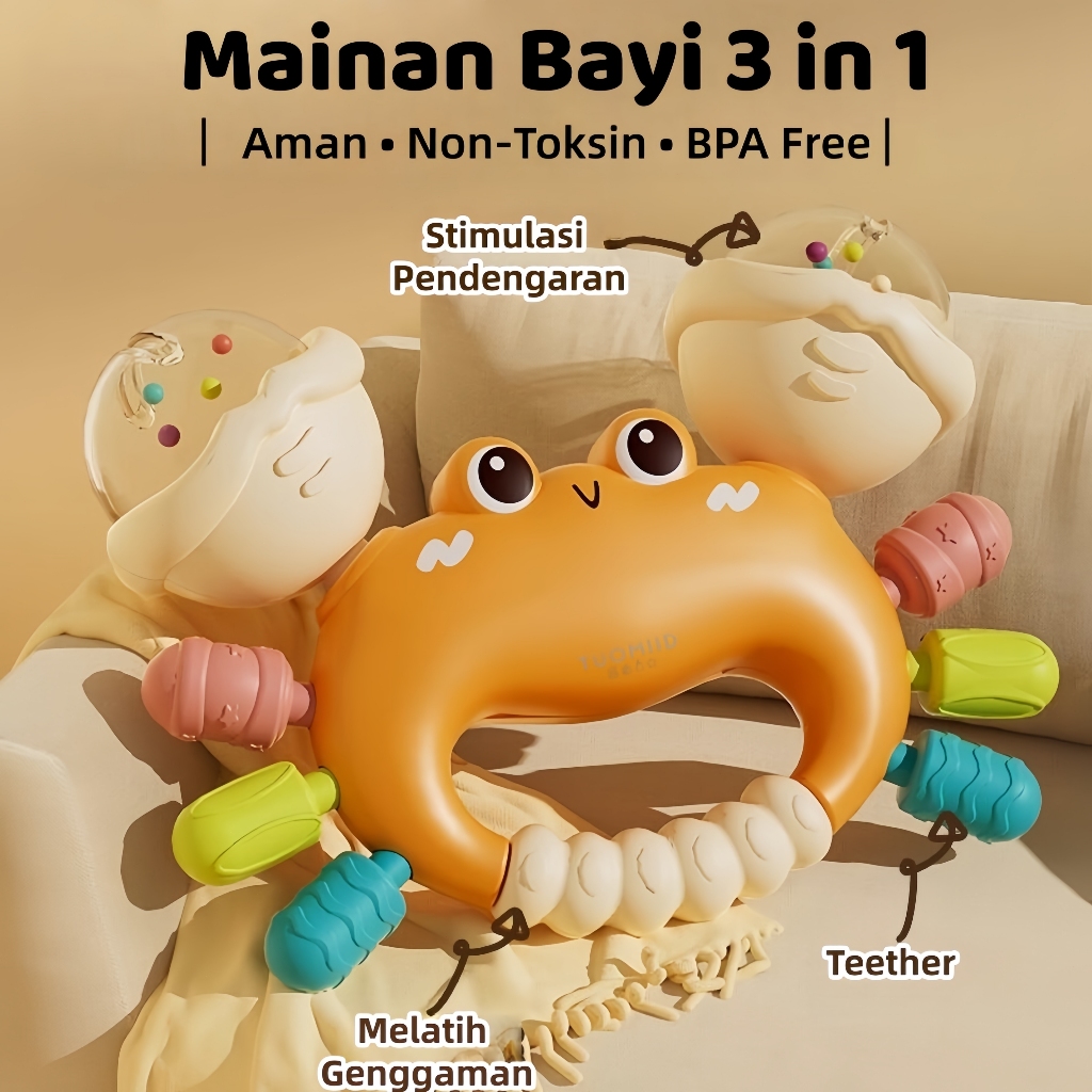 [Tuomiid] Teether Bayi Kepiting Lucu – Mainan Gigit BPA Free dari Silikon | Bisa Digigit, Berbunyi, 