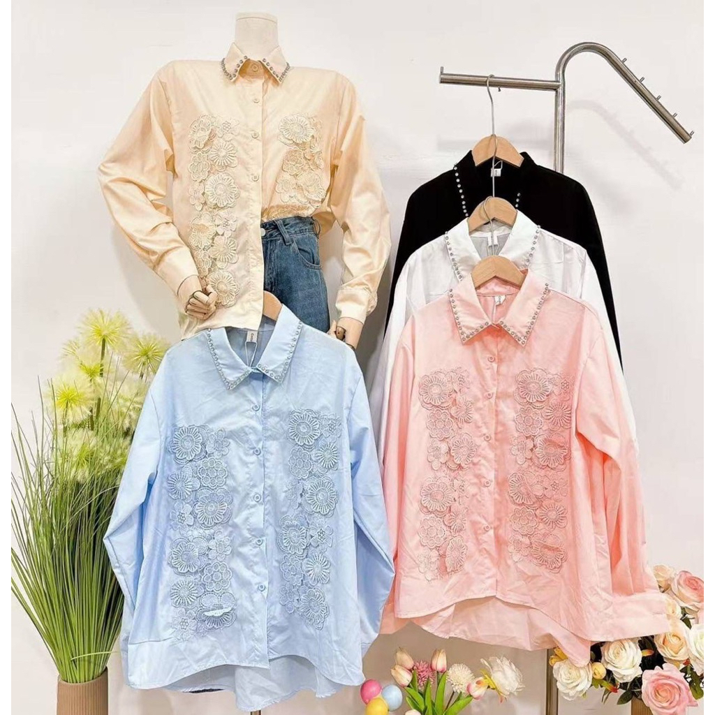 Clarisa Blouse | Kemeja Wanita Bunga 3D Cotton Store Import Bangkok