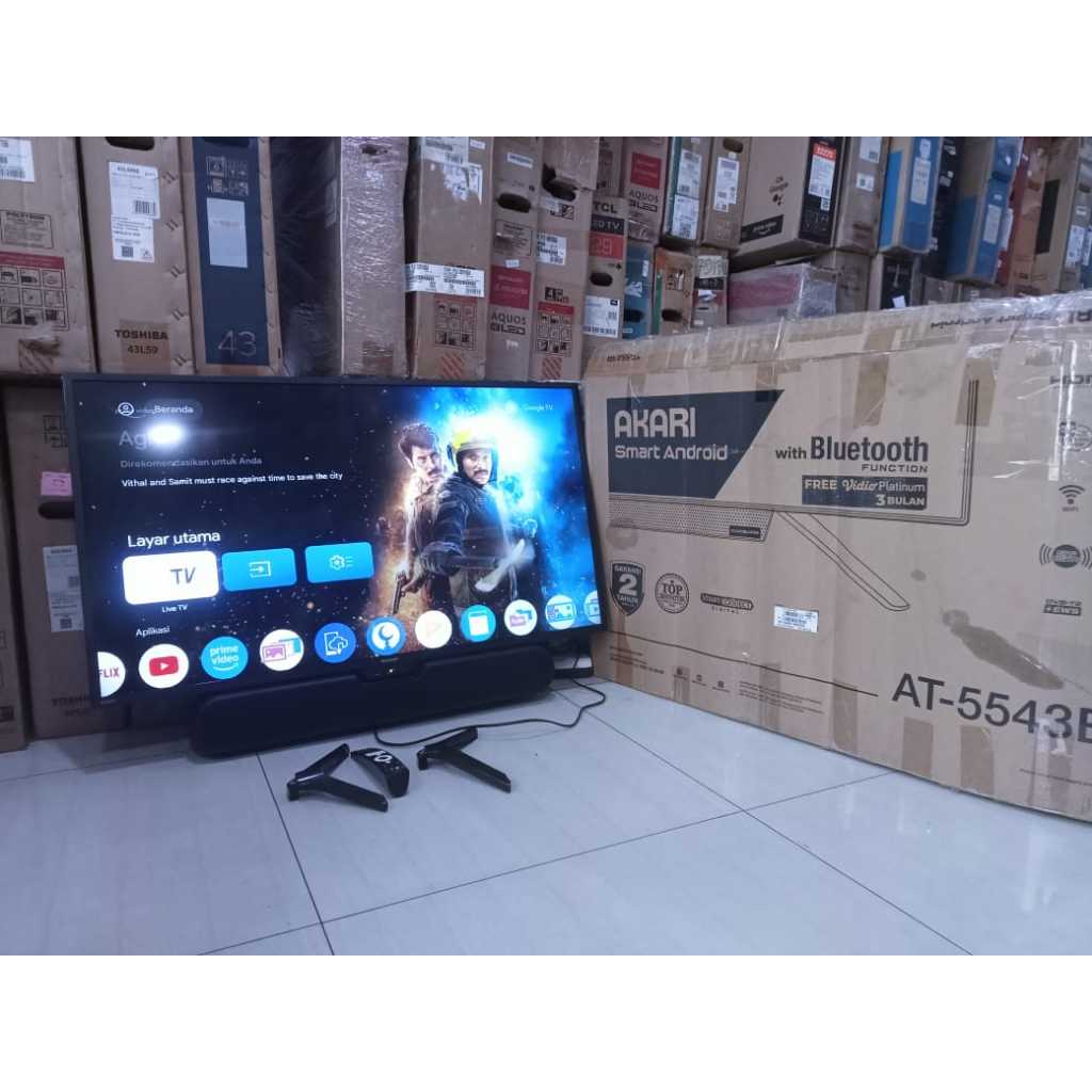TV LED AKARI 43 IN FHD ANDROID TV YOUTUBE DIGITAL TV KONDISI BEKAS PEMAKAIAN 5836F