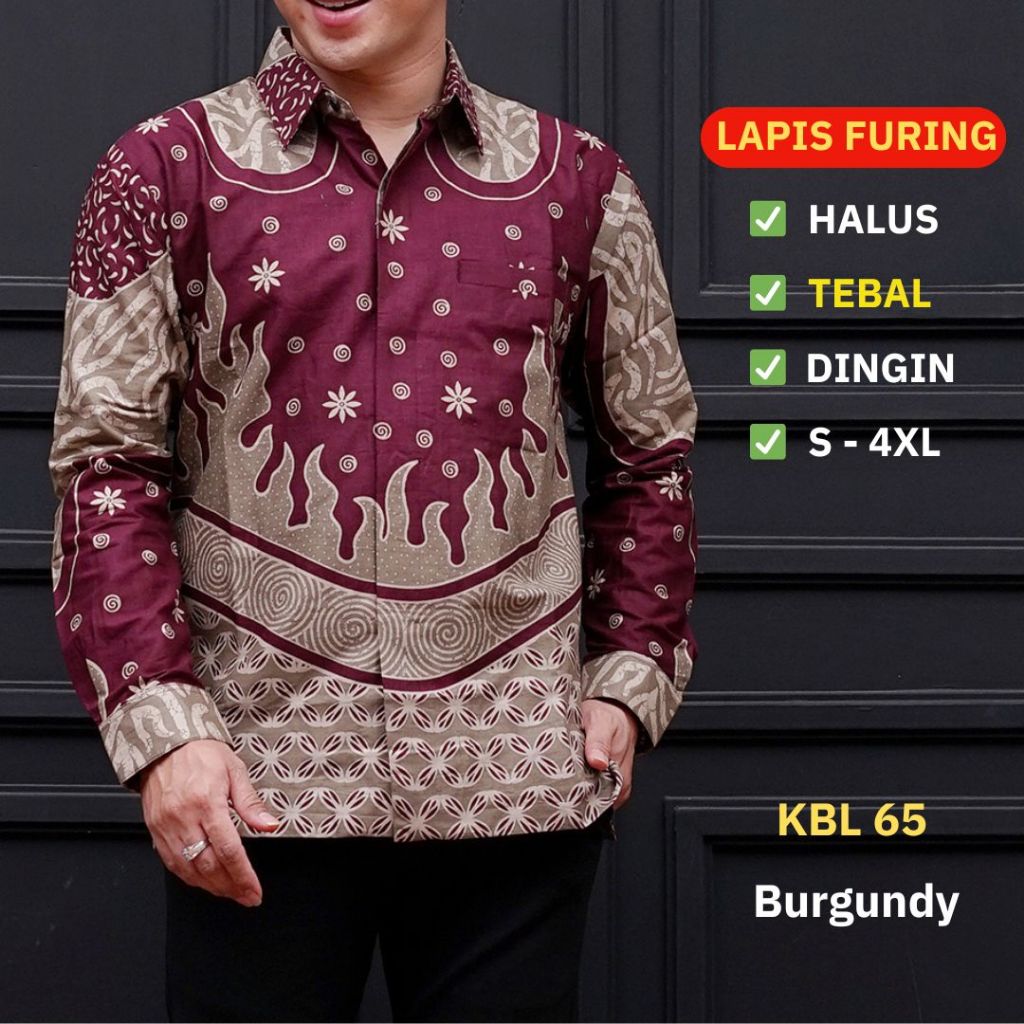 Kemeja Batik Pria Lengan Panjang Lapis Furing Standar & Jumbo Warna Burgundy Batik Ambari KBL 65
