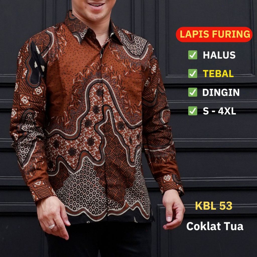 Kemeja Batik Pria Lengan Panjang Lapis Furing Standar & Jumbo Warna Coklat Batik Ambari KBL 53