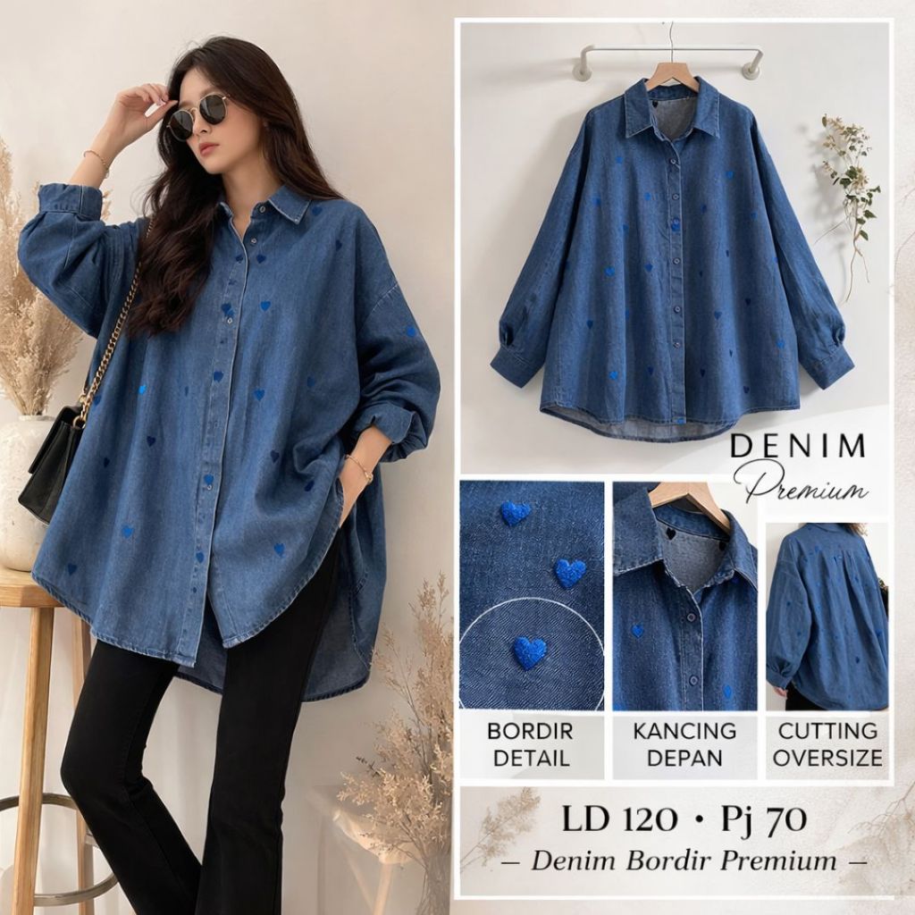 Kemeja Jeans Wanita Bordir Premium Lengan Panjang Oversize – Blouse Denim Casual Korea Import Big Si