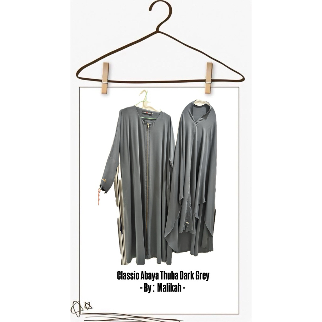 Preloved Malikah - 1 Set Abaya Thuba Classic No Buttons (warna : dark grey)