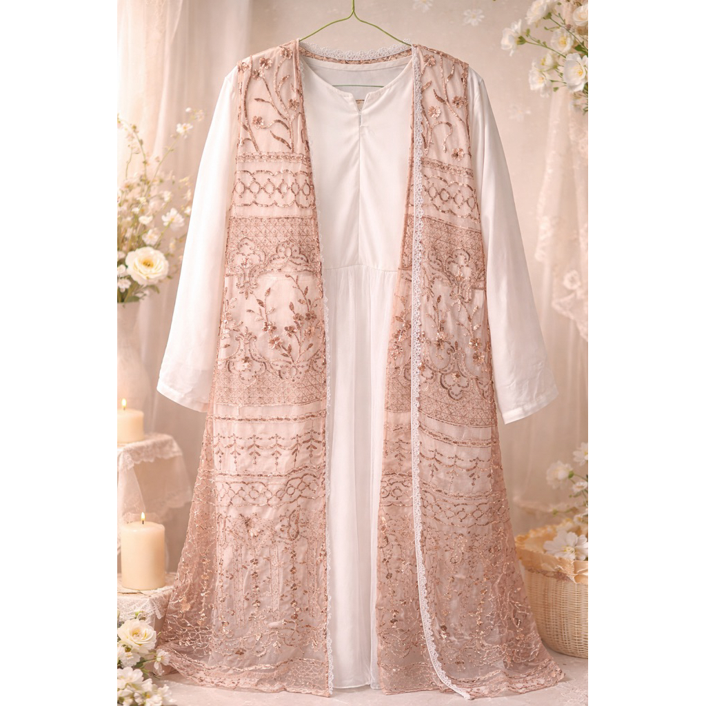 Gamis Outer Brokat Premium Elegant – Soft Peach